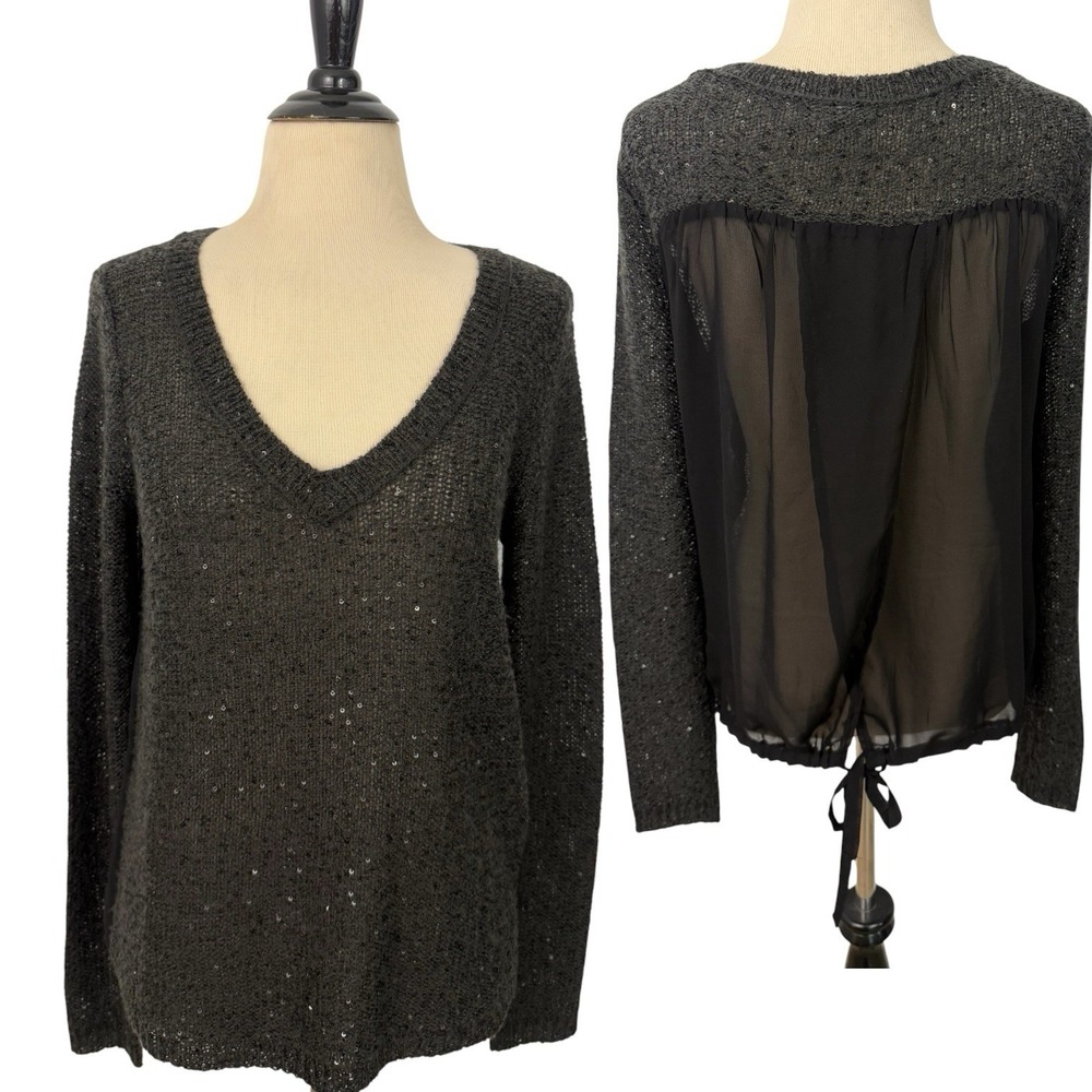 AMERICAN EAGLE Black Sequin SWEATER M Sheer Bow Dark Fairy Coquette Whimsigoth